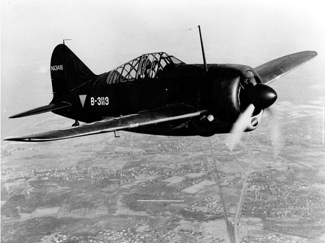 Captain Hans Maurenbrecher test flying a Buffalo over Long Island